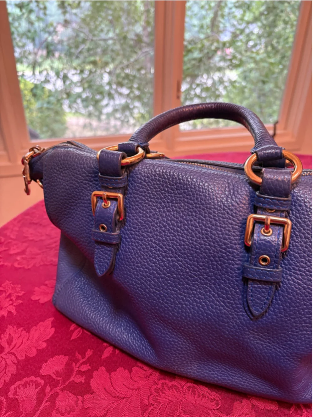 Miu Miu Blue Leather Satchel Bag With Gold Hardware